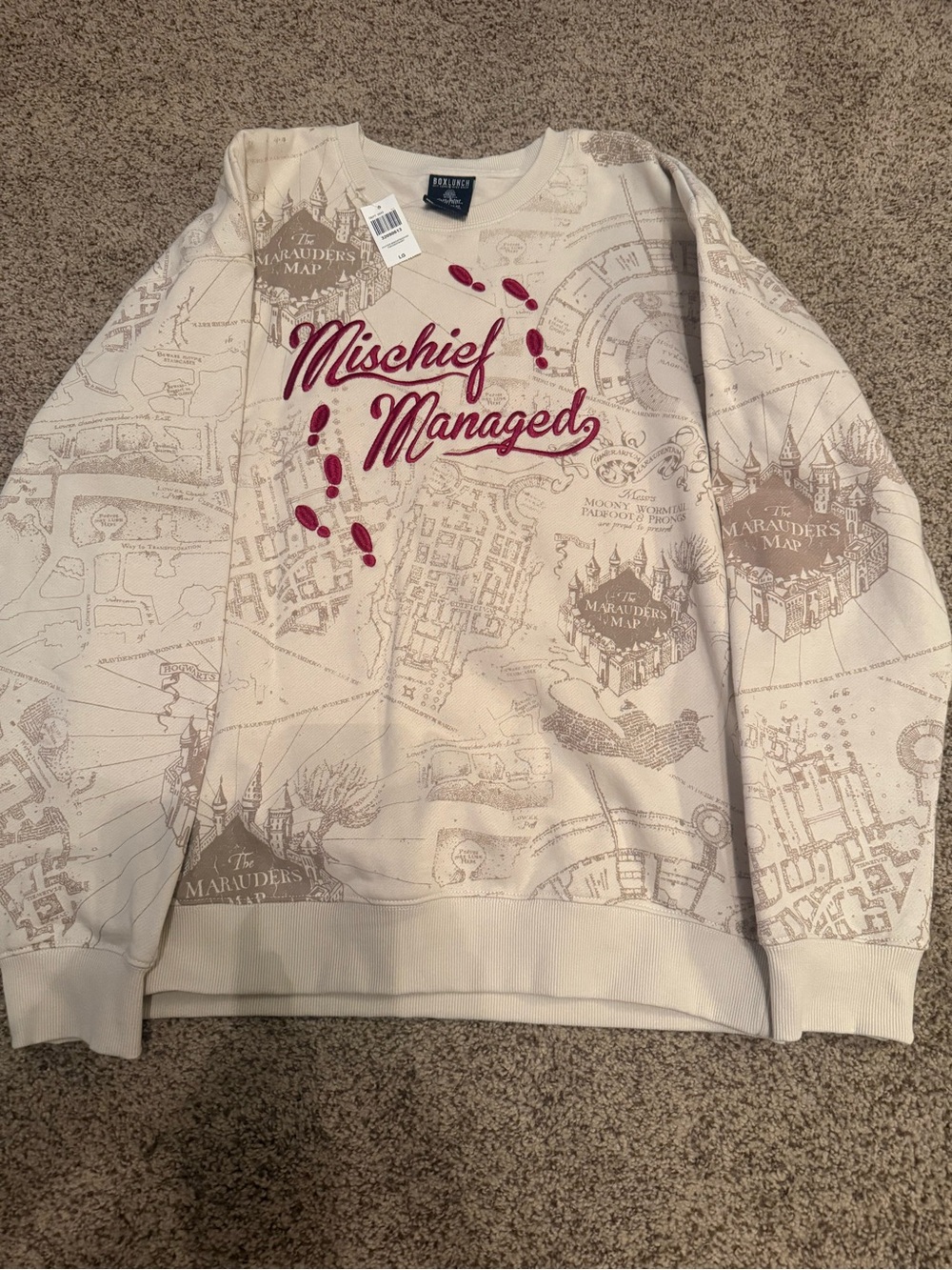 Harry Potter Cream Crewneck Sweatshirt with Red "Mischief Managed" Script